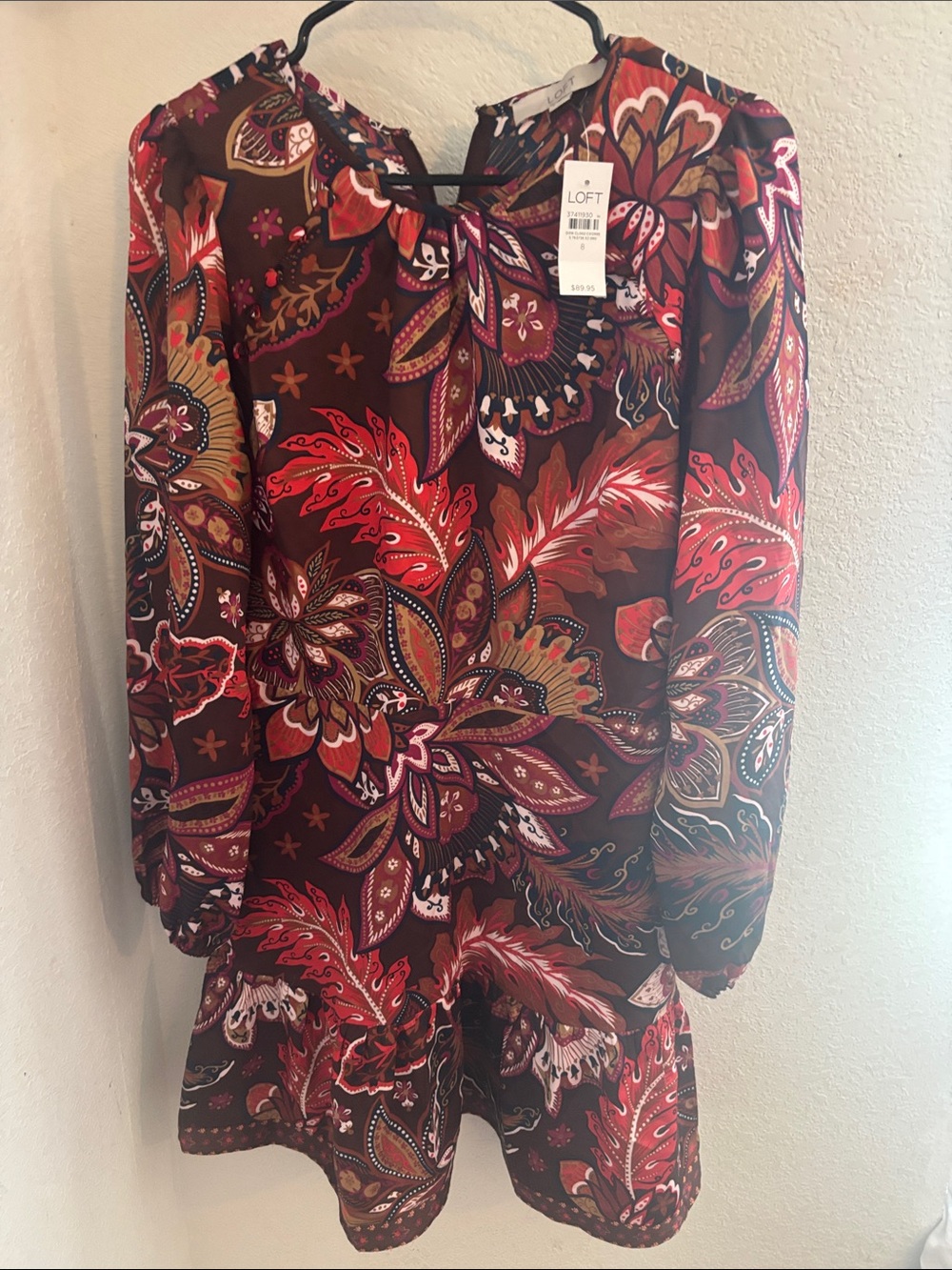 LOFT Burgundy Floral Paisley Long Sleeve Mini Dress